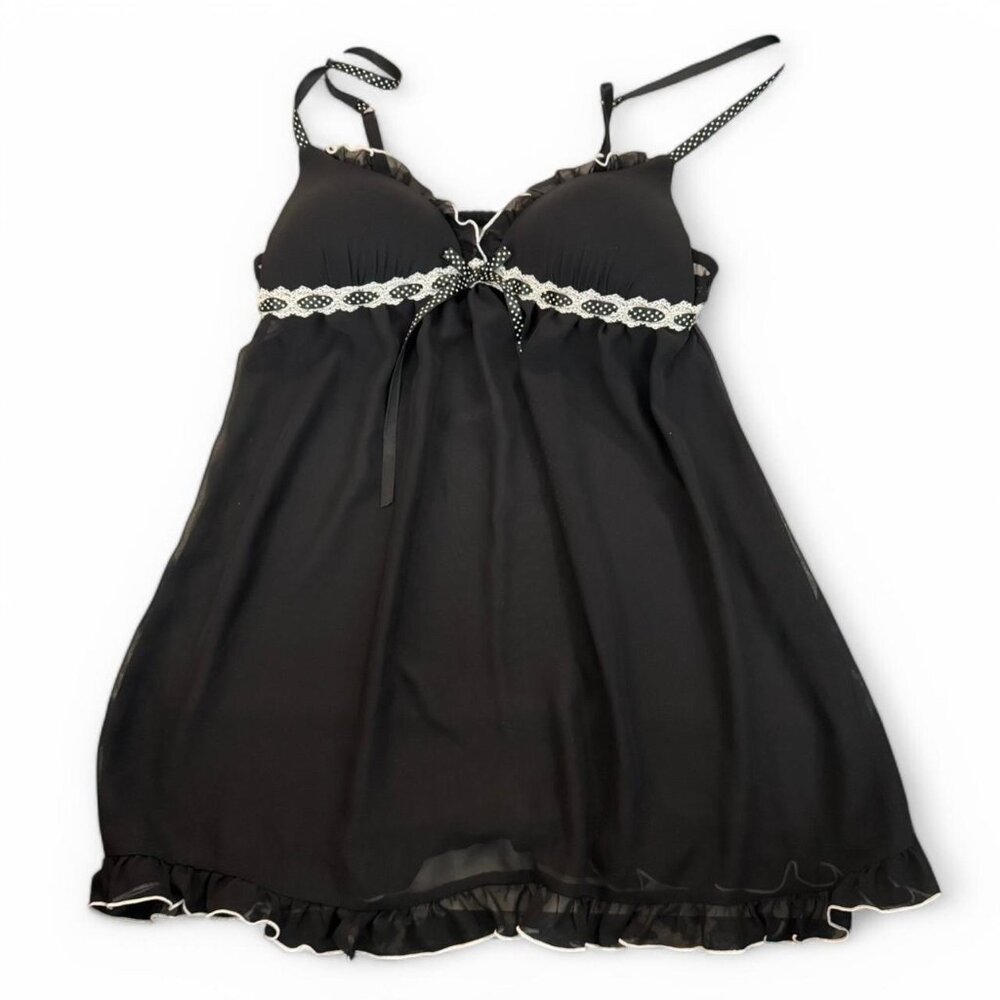 Black Lace Babydoll Top With sheer mesh and bow detail with polka dots & ruffles